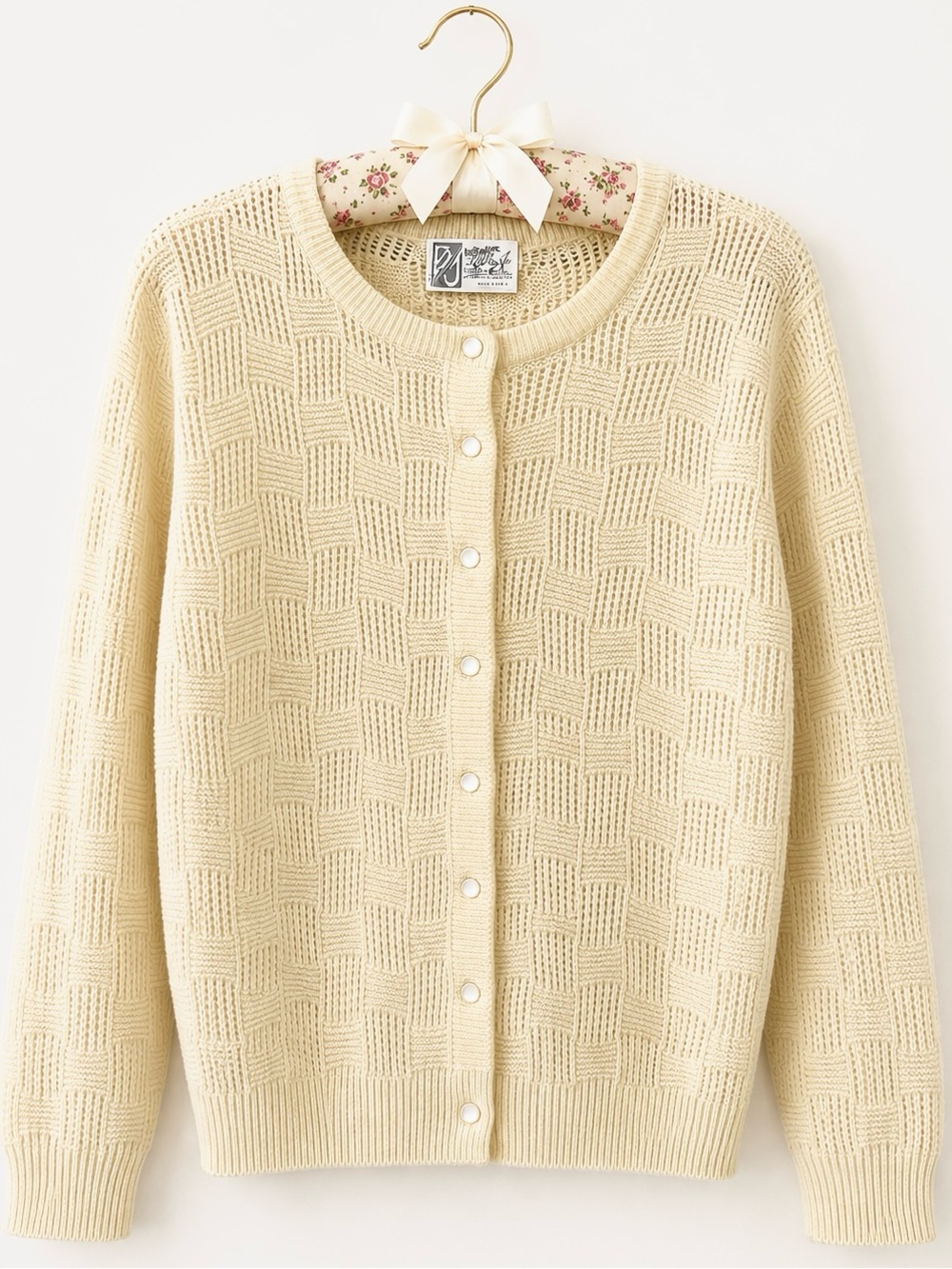 Vintage Billie Jo BJ Grannycore USA Buttercream Ivory Knit Pearl Button Cardigan